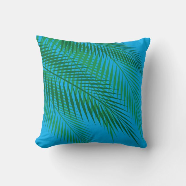 Coussin Feuilles de palmiers tropicaux sur Blue Sky (Recto)