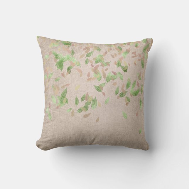 Coussin Feuilles d'or rose Monnaie Linge d'ivoire vert (Recto)