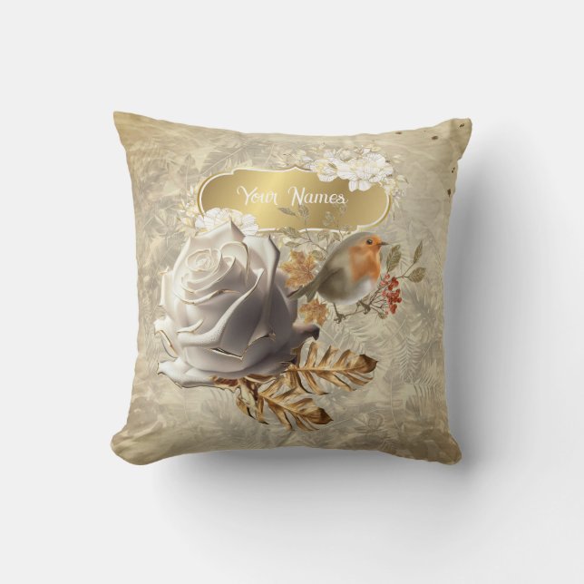 Coussin Feuilles d'or, roses & oiseaux jettent l'oreiller (Recto)