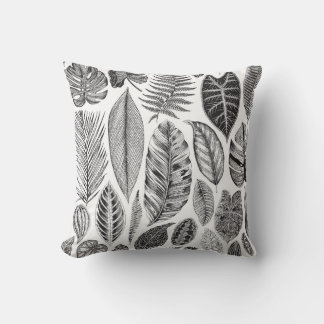 Coussin Feuilles exotiques, vintage floral noir et blanc.