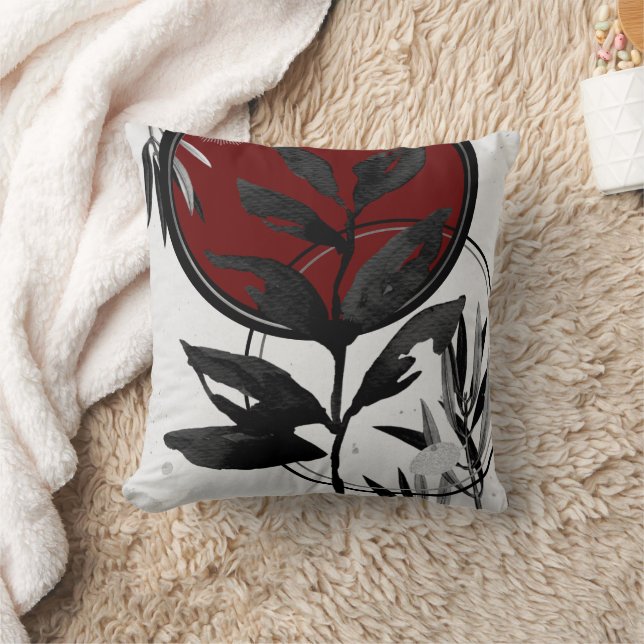 Coussin Feuilles gris bordeaux et noir d'aquarelle (Couverture)