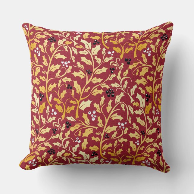 Coussin Feuilles saints de noël doré et motif de baies (Recto)