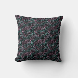 Coussin Feuilles stylisées rose et turquoise sur fond noir
