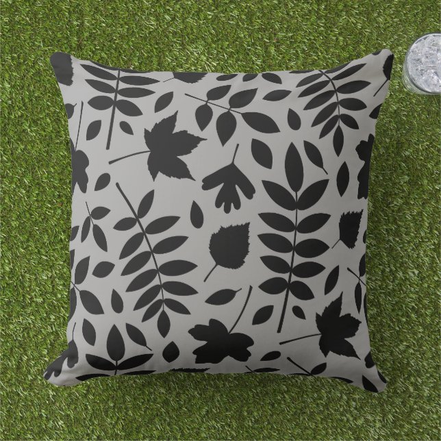 Coussin Feuilles tombés Lg Motif noir sur gris (Herbe)