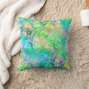 Coussin Feuilles tropicales irisées pastel rose violet ble