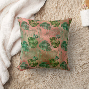 Coussin Feuilles tropicales vertes Terracotta rose iridesc