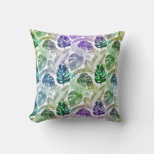 Coussin Feuilles tropicales violet sarcelle vert blanc