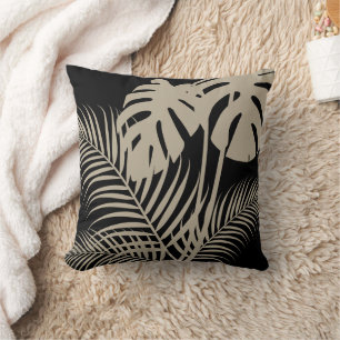Coussin Feuilles tropicaux 1 Tan sur noir