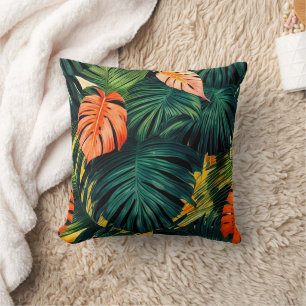 Coussin Feuilles tropicaux colorés et fleurs d'Hibiscus