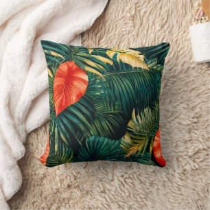 Coussin Feuilles tropicaux colorés et fleurs d'Hibiscus  
