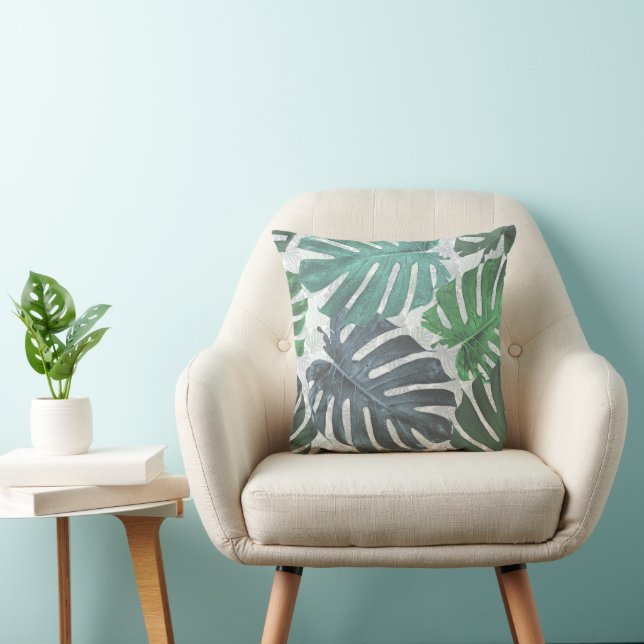 Coussin Feuilles tropicaux de palmiers bleus et verts (Chaise)