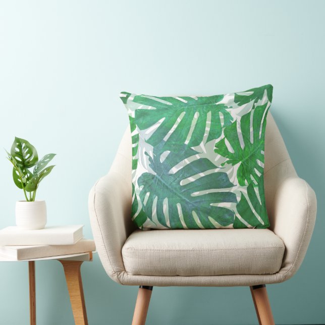Coussin Feuilles tropicaux de palmiers bleus et verts (Chaise)