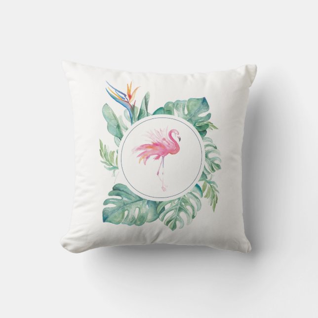 Coussin Feuilles tropicaux et Flamant rose rose (Recto)