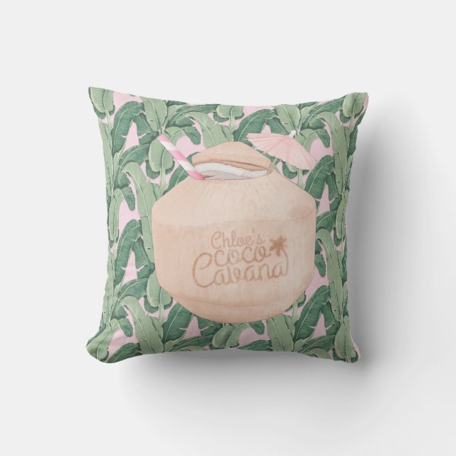 Coussin Feuilles tropicaux roses et verts | Boisson de noi (Recto)