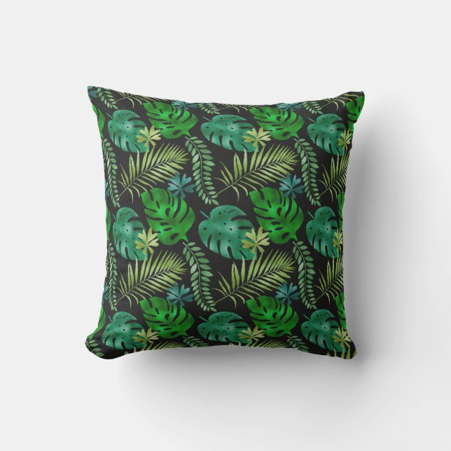 Coussin Feuilles tropicaux Vert noir Iridescente brillant (Recto)