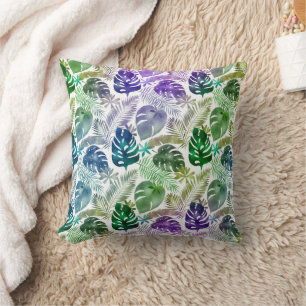 Coussin Feuilles tropicaux violet Turquoise vert blanc