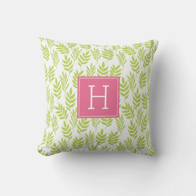 Coussin Feuilles verts de chaux et monogramme rose (Recto)