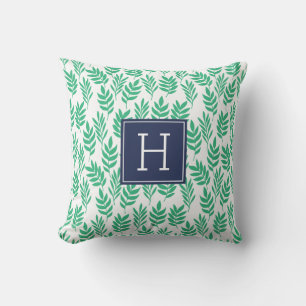 Coussin Feuilles verts et Monogramme bleu