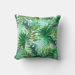Coussin Feuilles verts tropicaux, Aquarelle transparente.