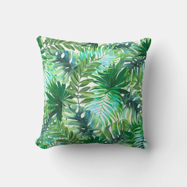 Coussin Feuilles verts tropicaux, Aquarelle transparente. (Recto)