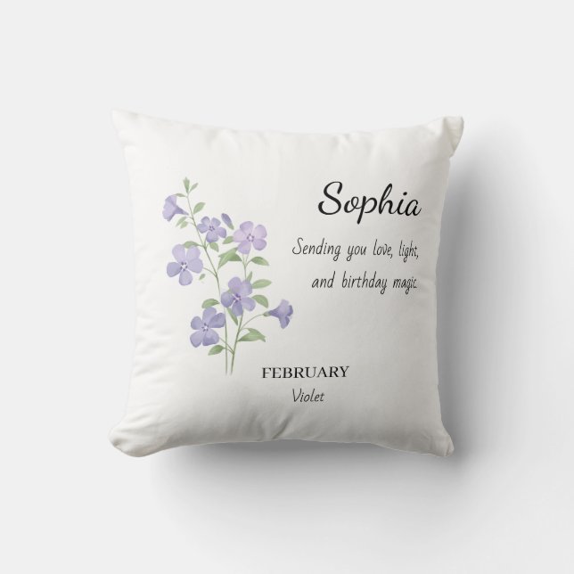 Coussin Février Violet Anniversaire Personnalisé (Recto)