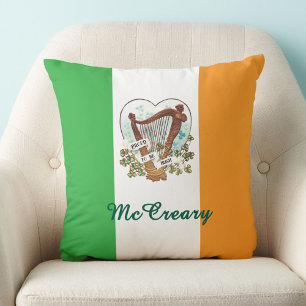 Coussin Fière d'être irlandaise harpe vintage et trèfle pe
