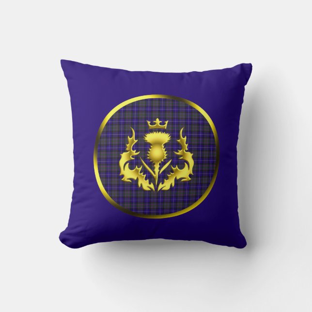Coussin Fierté de Tartan écossais avec Golden Thistle Blue (Recto)