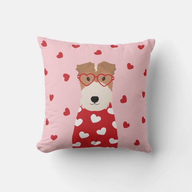 Coussin Fil Fox Terrier Lunettes de coeur de chien rose ro (Recto)