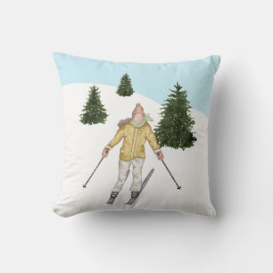 Coussin Fille à l'aquarelle faisant du ski sur les pentes