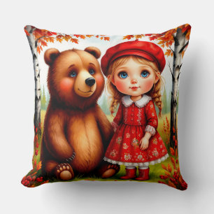 Coussin Fille adorable et ours dans une forêt fantaisiste