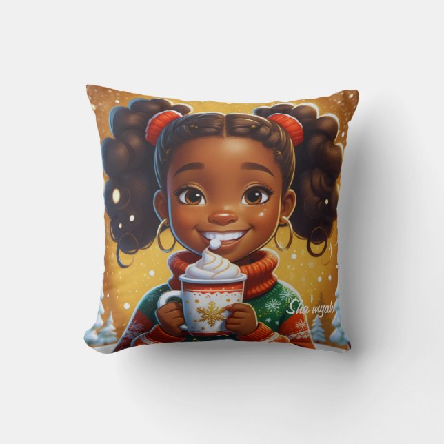 Coussin Fille afro-américaine, Fille noire Noël (Recto)