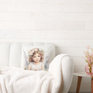 Coussin Fille ange à l'aquarelle avec des fleurs