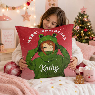 Coussin Fille au sweat à capuche Grenouille verte Dessin d
