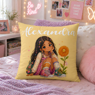 Coussin Fille aux Cheveux Bruns Personnalisée Nom