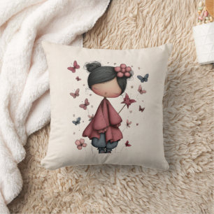 Coussin Fille avec baguette magique et papillons