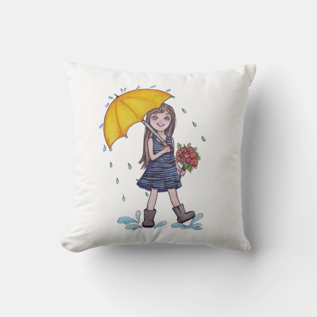 Coussin Fille Avec Parapluie Jaune En Aquarelle (Recto)