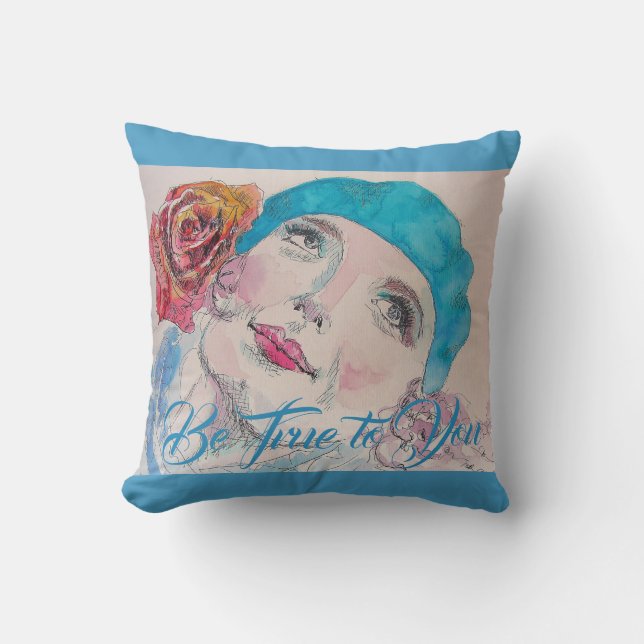 Coussin Fille avec Rouge Rose Beret Aquarelle Turquoise Co (Recto)