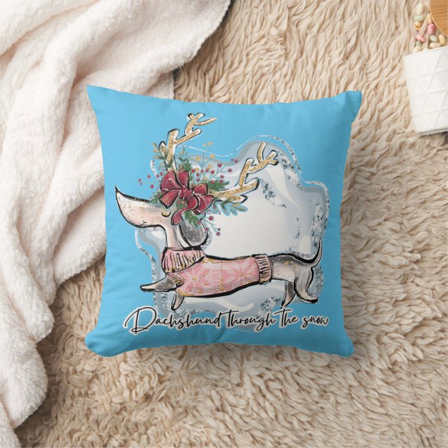 Coussin Fille Dachshund À Travers La Neige (Couverture)