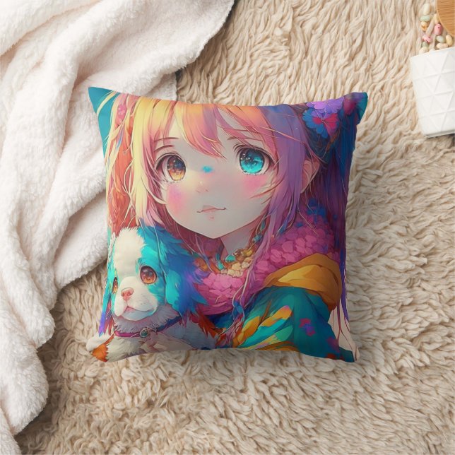 Coussin Fille d'anime avec chiot (Couverture)