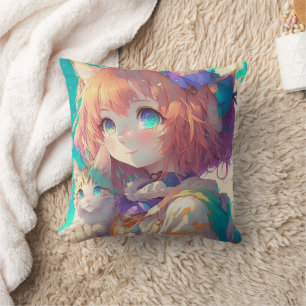 Coussin Fille d'anime tenant un adorable chaton