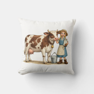 Coussin Fille de la ferme avec vache, jolie illustration d