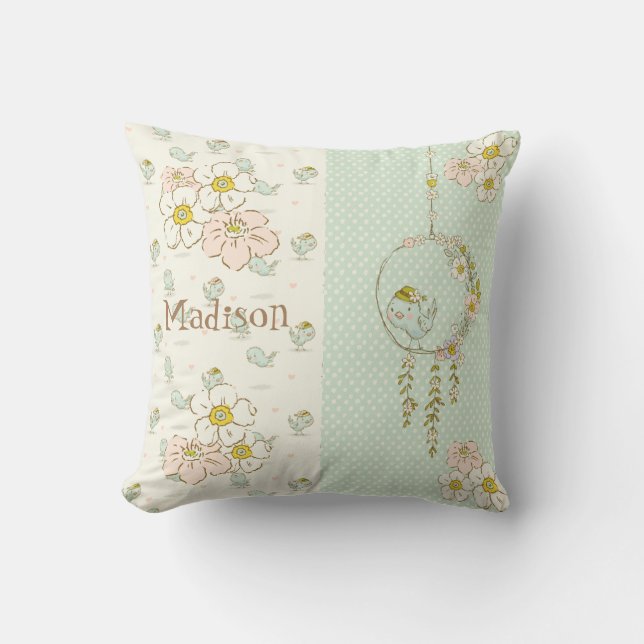 Coussin Fille de l'oiseau bleu Floral Rustique Nom Nursery (Recto)