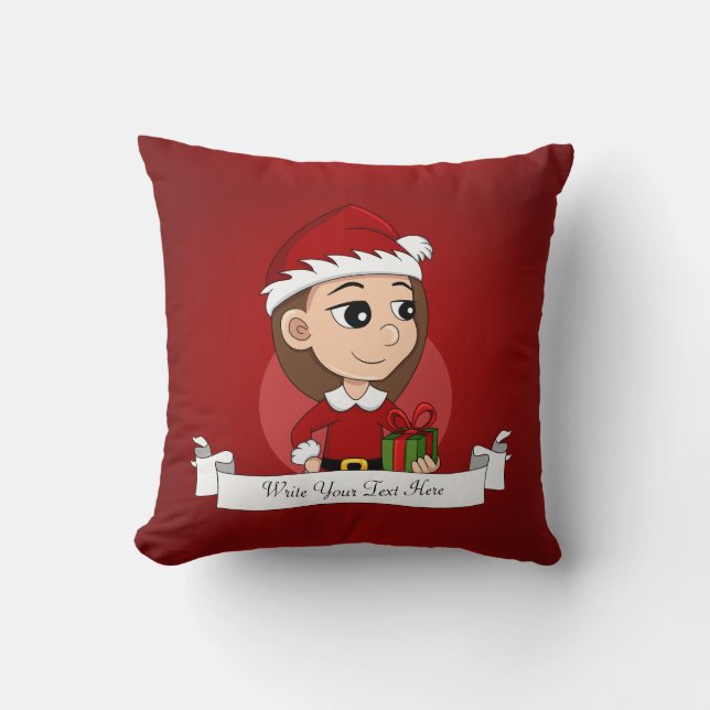 Coussin Fille de Noël avec cheveux longs bruns (Recto)