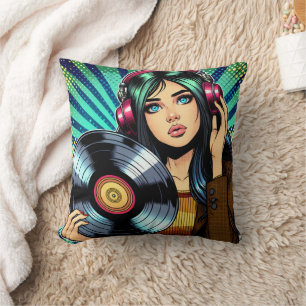 Coussin Fille de style pop art comic avec album vinyle