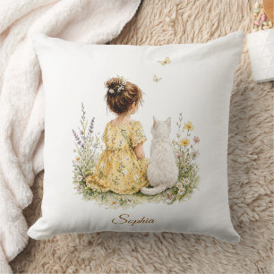 Coussin Fille et chat blanc