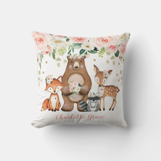 Coussin Fille Forêt Boisée Animaux Blush Floral Nursery (Recto)