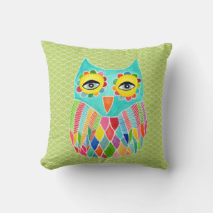 Coussin Fille Funky Moderne Chaux Vert Chouette Art Cuisin