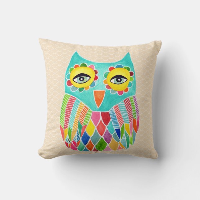 Coussin Fille Funky Moderne Chouette Unique Cushion d'Art (Recto)