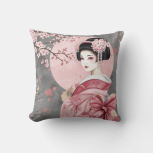 Coussin Fille Geisha Japonaise & Cerisiers en Fleur