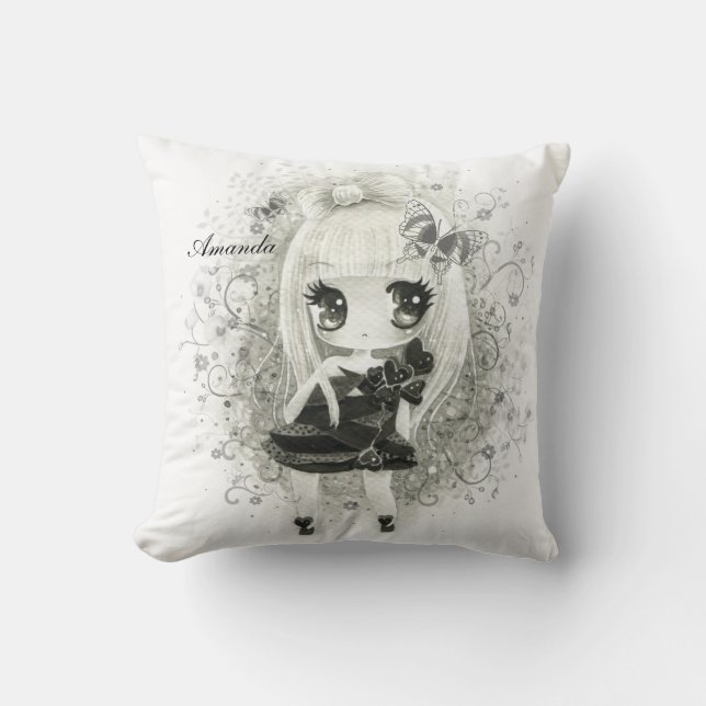 Coussin Fille mignonne de chibi dans noir et le blanc - (Recto)